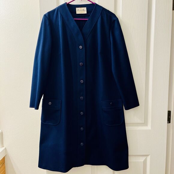 Vtg Butte Knit A Line Dress Dacron Polyester Gogo Mod 60s Navy Blue Smock Coat - Picture 1 of 9